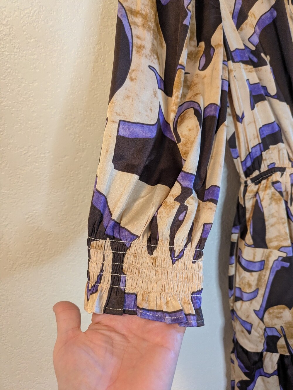 Melloday Abstract Print Tiered Midi Dress in Beige and Purple - Picture 11 of 13